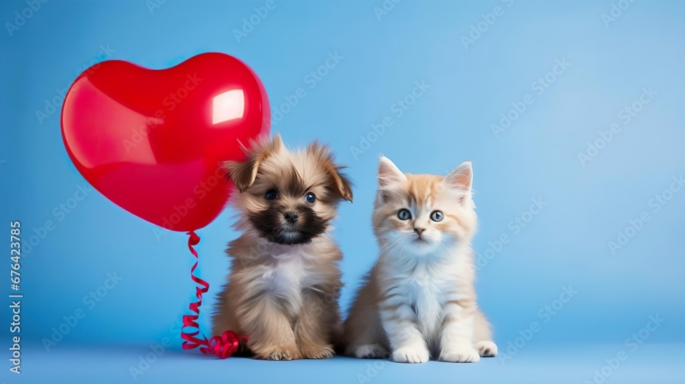 Valentines day background a cute angora kitty and cute puppy with red baloon heartspace at the blue background,copy space. Valentines day background a cute angora kitty and cute puppy with red baloon heartspace at the blue background,copy space.