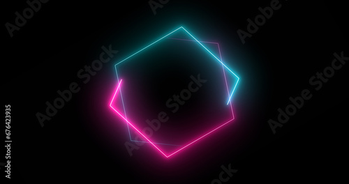 Fast-moving hexagon neon lights retro-style futuristic technology. Hexagon lights moving animation. Bright-colored moving neon light on a black background.