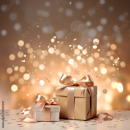 Double golden gift boxes set with bow wrapped in ribbons, perfect christmas or luxury festive background. Generative AI © Synesthesia AI Stock