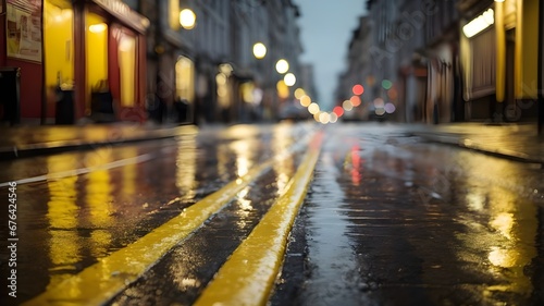 Lights and shadows of wet streets. Soft focus image of streets after rain with reflections on wet asphalt. Ai image © Icon