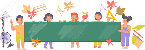 Children with huge blank chalkboard for back to school designs and banners. Education for children and learning experience at school.
