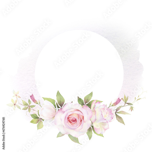 A tender circle floral frame with a garland with pink roses  flowers  creepers and green leaves hand drawn in watercolor. Watercolor floral frame