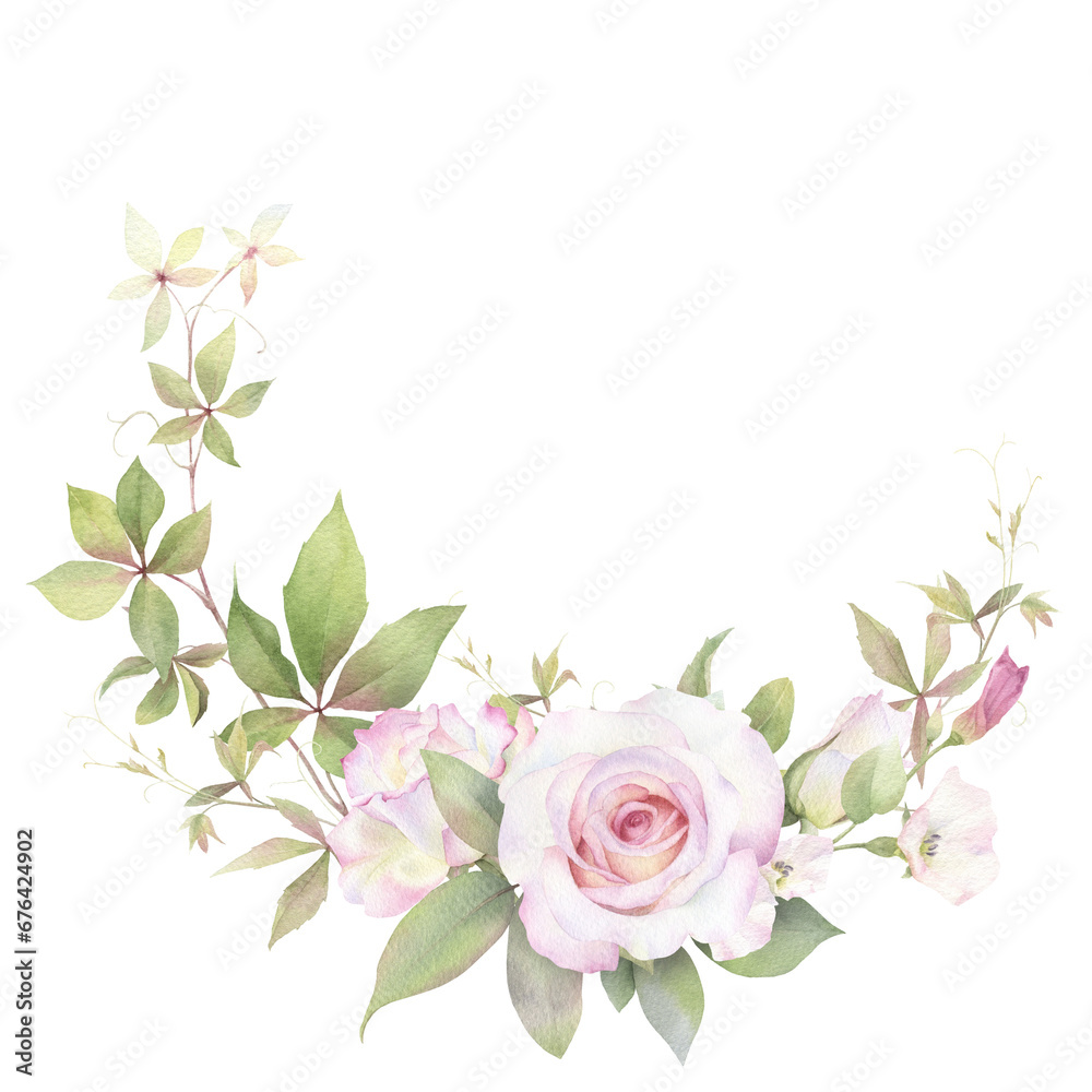 A floral circle arrangement with pink roses, flowers, leaves and green leaved branches hand drawn in watercolor. Watercolor floral frame