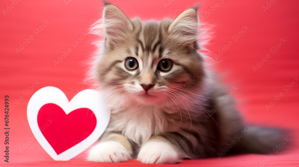 Fluffy kitty with heart looking at camera with love. Postcard with funny cat for Valentine's Day. Festive red background with copy space.