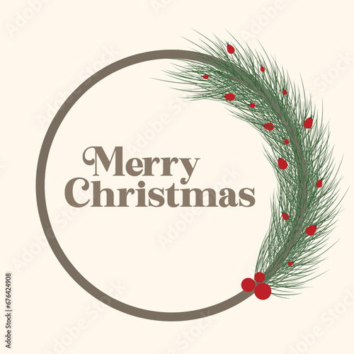 Ghirlanda natalizia abete o pino con bacche rosse. Scritta Buon Natale - Merry Christmas. Decorazione natalizia.  photo