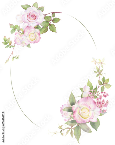 An oval floral frame with pink roses, flowers and green leaves hand drawn in watercolor. Watercolor floral frame