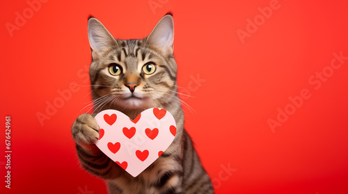 Striped adult cat with heart looking at camera with love. Postcard with funny pet for Valentine's Day. Festive background with copy space.