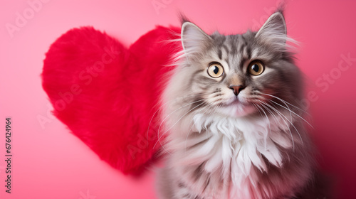 Fluffy adult cat with heart looking at camera with love. Postcard with funny pet for Valentine's Day. Festive background with copy space.