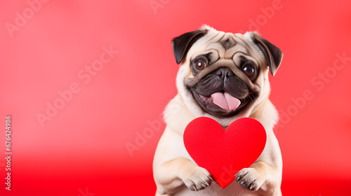 Cute dog Pug with heart looking at camera with love. Postcard with funny pet for Valentine's Day. Festive background with copy space.