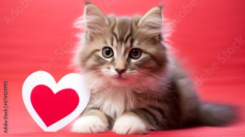Fluffy kitty with heart looking at camera with love. Postcard with funny cat for Valentine's Day. Festive red background with copy space.