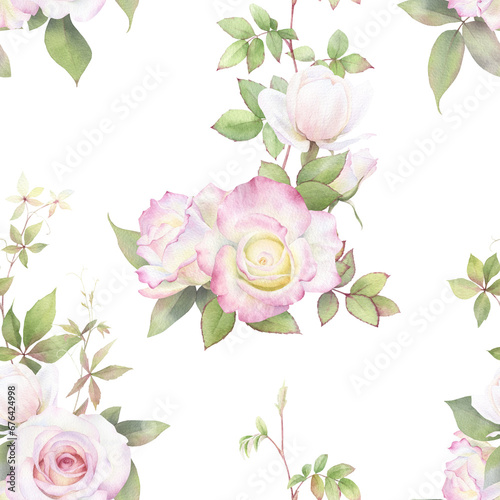 A floral seamless pattern with pink roses, buds and leaves hand drawn in watercolor isolated on a white background. Watercolor floral pattern