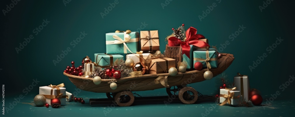 A pile of Christmas presents stored on a sleigh. Generative AI. A pile of Christmas presents stored on a sleigh. Generative AI.