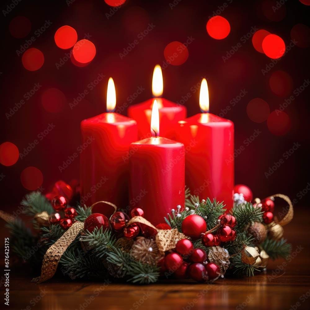 Advent wreath with candles placed on the table, lamp in the background. Pre-Christmas time. Generative AI. Advent wreath with candles placed on the table, lamp in the background. Pre-Christmas time. Generative AI.