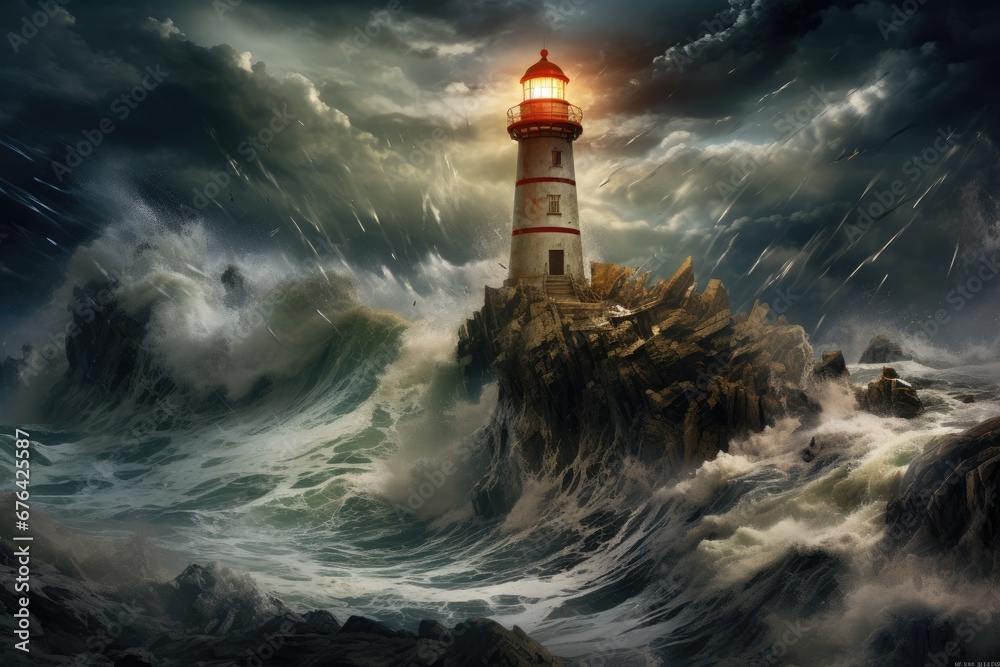 Lighthouse on a cliff during a storm - obrazy, fototapety, plakaty 