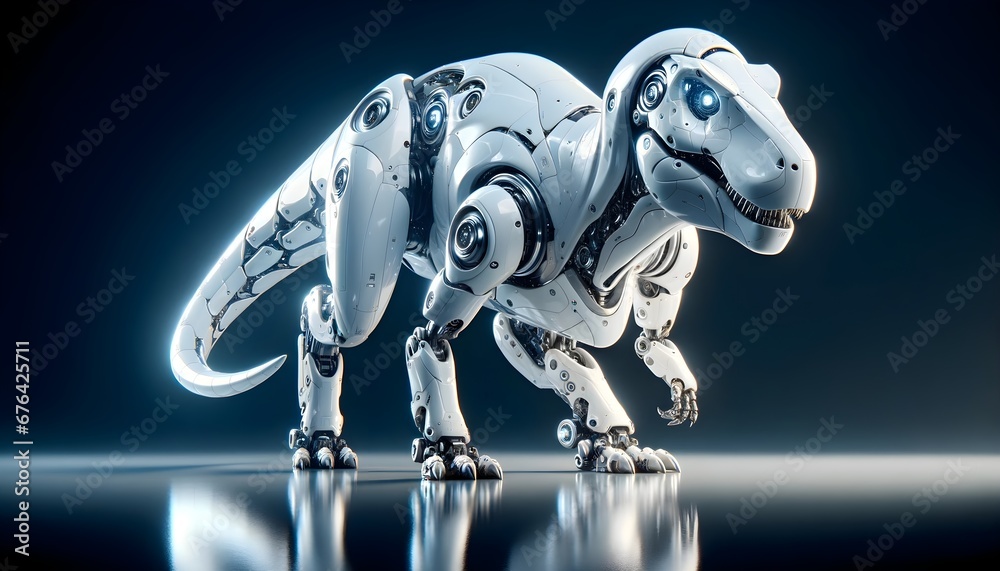 Obraz premium A futuristic cyborg dinosaur with a metallic robotic body.