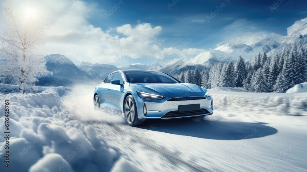 An electric vehicle drives through a snowy street - obrazy, fototapety, plakaty 
