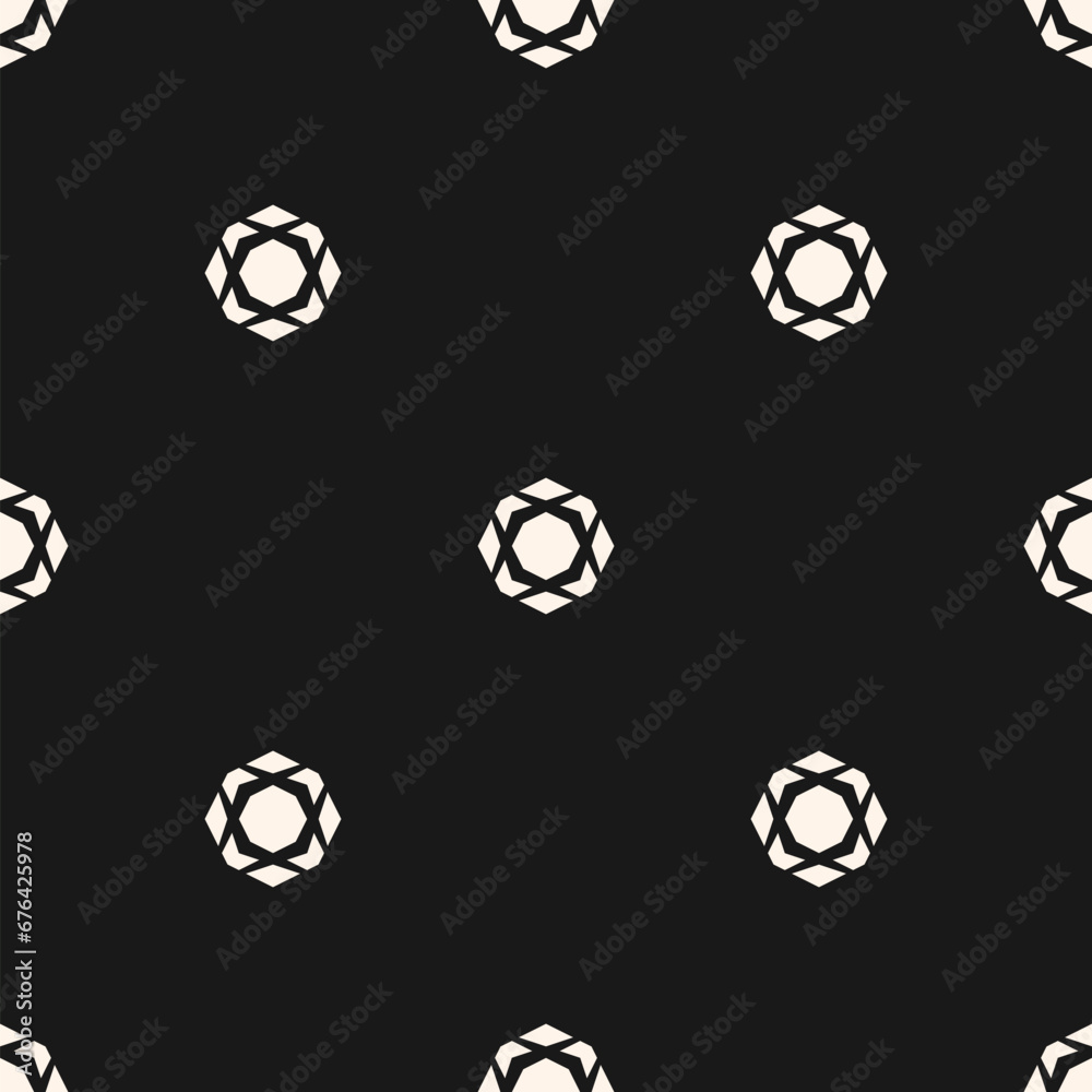 Seamless abstract geometric pattern. Simple white diamond shapes on a black background, vector repeat design. Elegant dark ornamental texture. Perfect for minimalist fabric, wallpaper, cover, cloth Seamless abstract geometric pattern. Simple white diamond shapes on a black background, vector repeat design. Elegant dark ornamental texture. Perfect for minimalist fabric, wallpaper, cover, cloth
