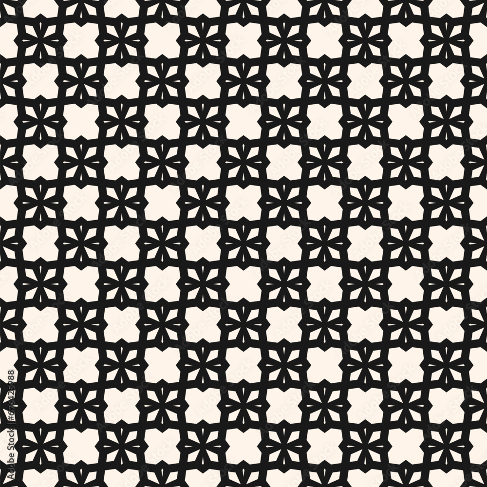 Vector seamless geometric floral pattern with simple grid, lattice, small flower silhouettes. Abstract black and white background Gothic style ornament texture. Elegant repeat design for decor, carpet Vector seamless geometric floral pattern with simple grid, lattice, small flower silhouettes. Abstract black and white background Gothic style ornament texture. Elegant repeat design for decor, carpet
