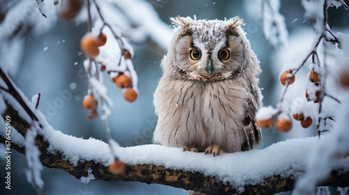 A little owl sits on a snow-covered tree photo