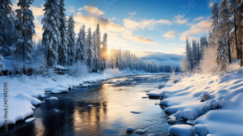 Winter landscape with lots of snow and a river flowing through the middle photo