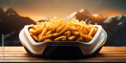 Fast food presentation concept. French fries, pommes frites on a modern futuristic plate.