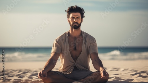 A man sitting in a yoga pose on the beach. Yoga meditation outdoors. photo