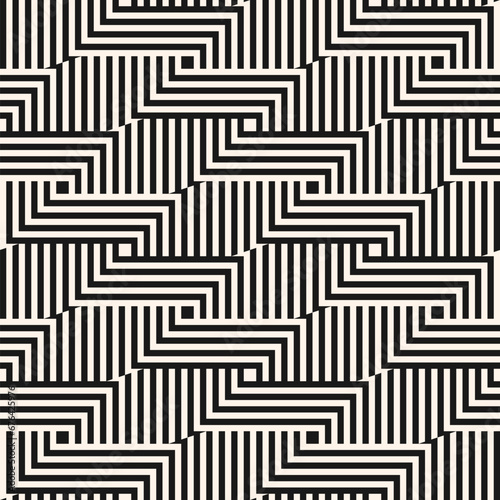 Seamless geometric pattern with abstract black and white stripes. Optical illusion effect, braided wicker design. Simple vector background for modern textile, wrapping. Repeated geo ornament texture