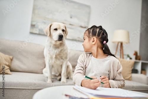 little girl in casual clothes drawing with color pencil and looking labrador in living room, art