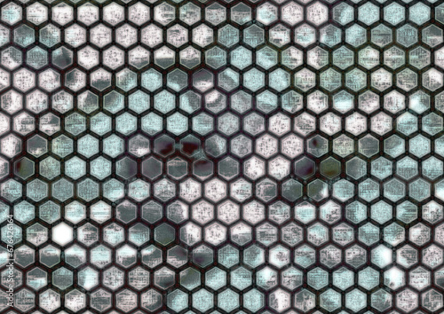 Hexagonal grunge pattern with dark cell border, torn lines overlapping hexagons, blending colors like blue, gray, and pink.