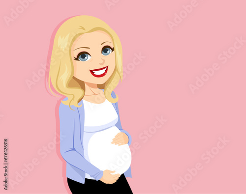 Beautiful forty years old pregnant woman with blue shirt on a pink background. Mature female waiting for her first baby delaying family concept