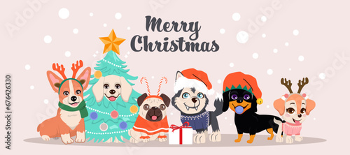 Merry Christmas and Happy New Year With Dogs Greeting Card Vector Illustration. Cute pets in Christmas costume