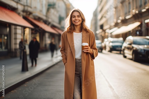 Delicious takeaway coffee, enjoyed by a young woman while walking down the street.