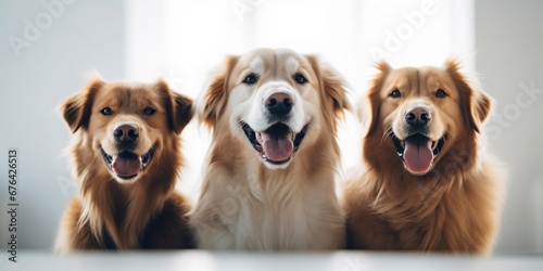 Three smiling and playful dogs look at the camera.