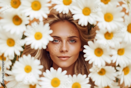 Portrait of a beautiful woman surrounded by daisies  an image for concepts of beauty in maturity.