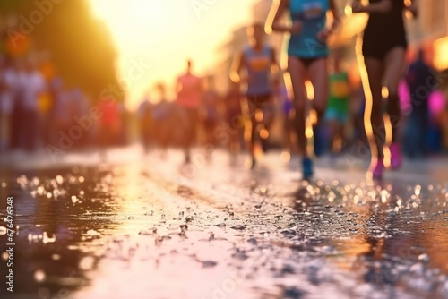 Many runners in a marathon competition, out of focus image, rainy background. © Joaquin Corbalan