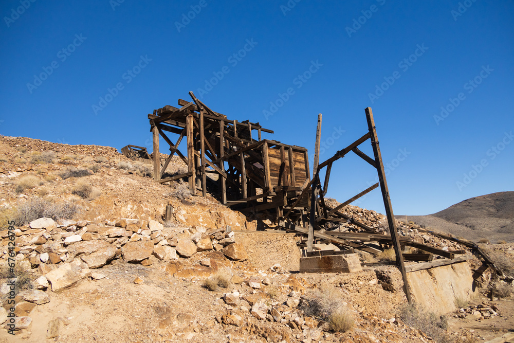 Old wooden mining entrance at Eureka Gold Mine in the desert, Death Valley National Park, California