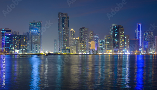 Night landscape of the embankment of the emirate of Sharjah  United Arab Emirates