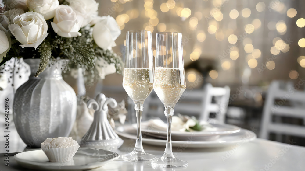 Festive set table with champagne glasses for a wedding, Christmas or other celebration