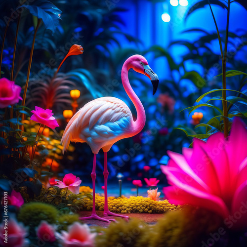 Beautiful flamingo bird surrounded by tropical flowers © abrilla