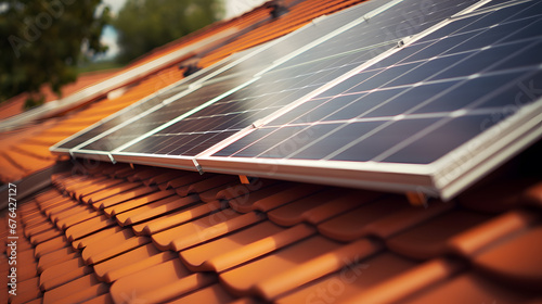 Close up of solar panels on red roof. Sustainable energy home and renewable energy Concept