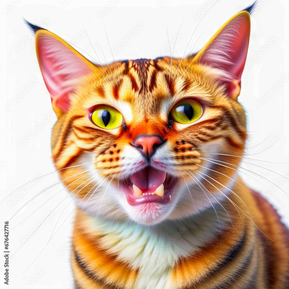 portrait of a beautiful short-haired cat, the cat meows, opens its mouth