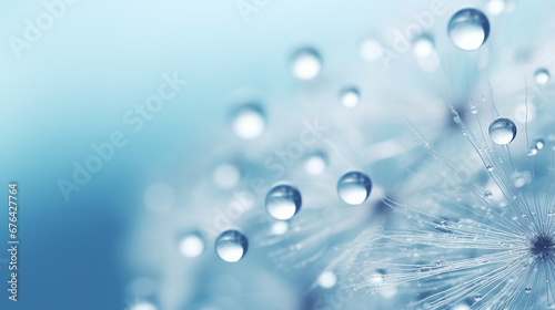 dew drops on dandelion seed macro  soft blue nature close-up photography