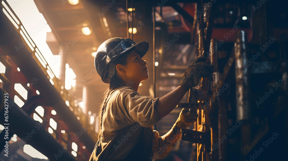A skilled female worker performs manual work on an ocean oil platform A skilled female worker performs manual work on an ocean oil platform