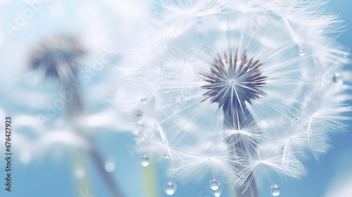dew drops on dandelion seed macro  soft blue nature close-up photography