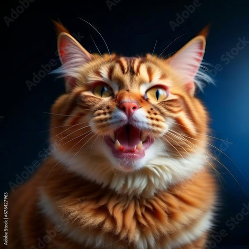 portrait of a beautiful long-haired cat, the cat meows, opens its mouth