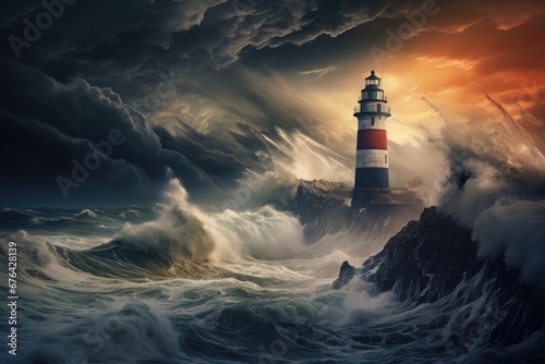 Lighthouse on a cliff during a storm © PinkiePie
