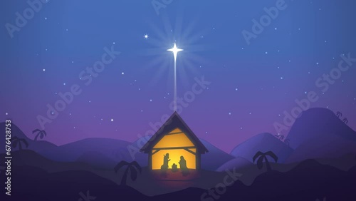 Animation loop of the nativity scene at night with the bright star above