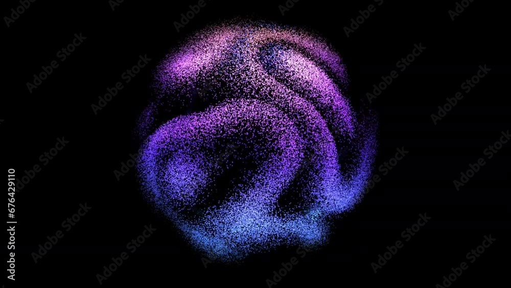 3D neon sphere made of flowing digital particles on black background. Abstract concept of artificial intelligence, neural network or big data analysis. Glowing ultraviolet dust motion, 4K looped video