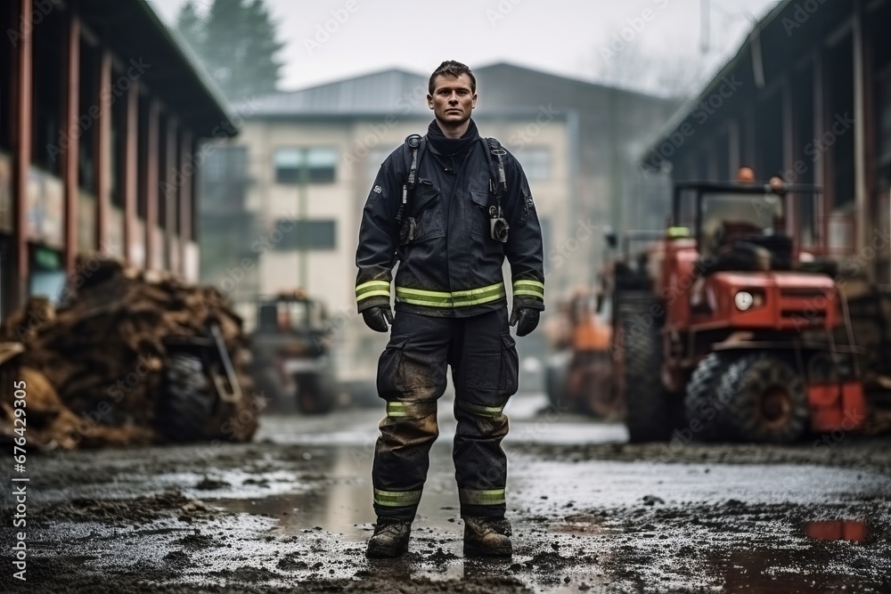 Naklejka premium Brave Firefighter Standing in Front of Damaged Industrial Building