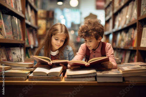 Two Young Children Engrossed in Reading Books in Library